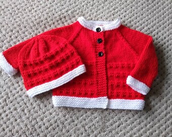 Knitted Christmas Baby Outfit: Red Cardigan and Hat Set various sizes