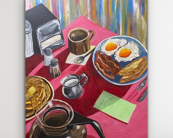 Diner Breakfast painting, hand painted acrylic on stretched canvas, 30x 24” signed original, wired and ready to hang
