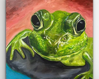 Painting 20” x 20” Frog, hand painted acrylic on stretched canvas, signed original, fine art, Ready to hang, great gift, frog lovers