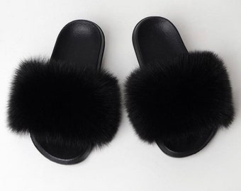 black furry flip flops