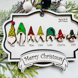 Personalized Gnome Family Ornament: Engraved Christmas Keepsake, Cat & Dog, Hand Created, Mom, Dad, Kids