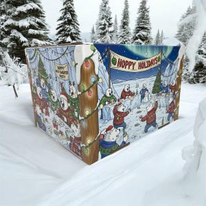 May include: A decorated box featuring a winter scene with polar bears celebrating the holidays. The box has the words "Happy Ugly Sweater Party" and "Hoppy Holidays" on it. The box is surrounded by snow and evergreen trees.