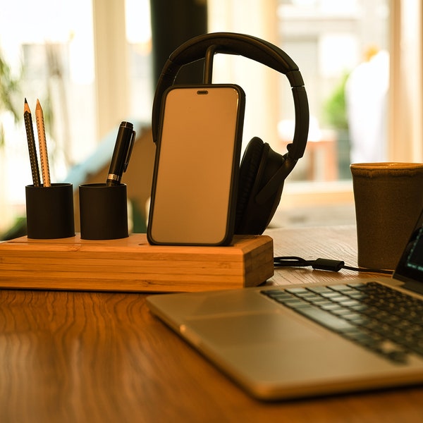 Desk organizer, headphone stand, desktop organizer, docking station, pen holder, smartphone holder, business card holder, bamboo