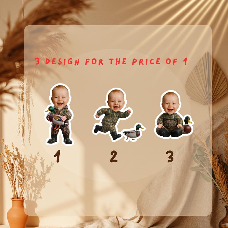 Puede incluir: Tres dise&ntilde;os de pegatinas con un beb&eacute; con ropa de camuflaje y un pato. El texto "3 DESIGN FOR THE PRICE OF 1" est&aacute; en la parte superior. El beb&eacute; se muestra en tres poses diferentes, cada una con un pato.