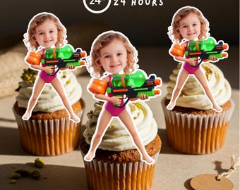 Adornos personalizados para cupcakes con caras: decoraciones personalizadas para fiestas en la piscina (PDF digital A4)