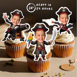 Décorations de cupcakes pirates personnalisées 3 en 1 : imprimables personnalisés pour fête d&#39;anniversaire de visages