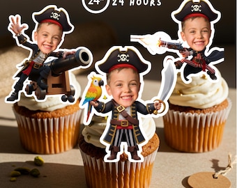 May include: Three cupcakes topped with white frosting and pirate-themed decorations. Each pirate figure has a cartoonish design, with one holding a sword, another a cannon, and the third a pistol. The image includes the text "READY IN 24 HOURS".