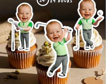 Golf Baby Photo Cupcake Toppers: Hole In One 1st Birthday (Digital PDF/PNG)