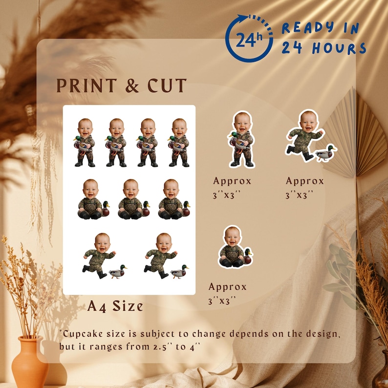 Puede incluir: Pegatinas para imprimir y cortar con un beb&eacute; con ropa de camuflaje con un pato de juguete. Las pegatinas miden aproximadamente 7,6 cm x 7,6 cm y est&aacute;n disponibles en tama&ntilde;o A4. Tambi&eacute;n se ve el texto "LISTO EN 24 HORAS".