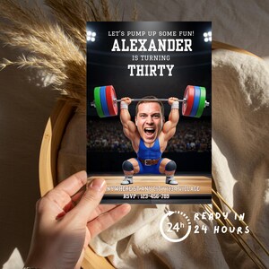 May include: A birthday invitation featuring a cartoon weightlifter with the text "ALEXANDER IS TURNING THIRTY." The invitation includes event details and a "READY IN 24 HOURS" notice. The weightlifter is holding a barbell with green, red, and blue weights.