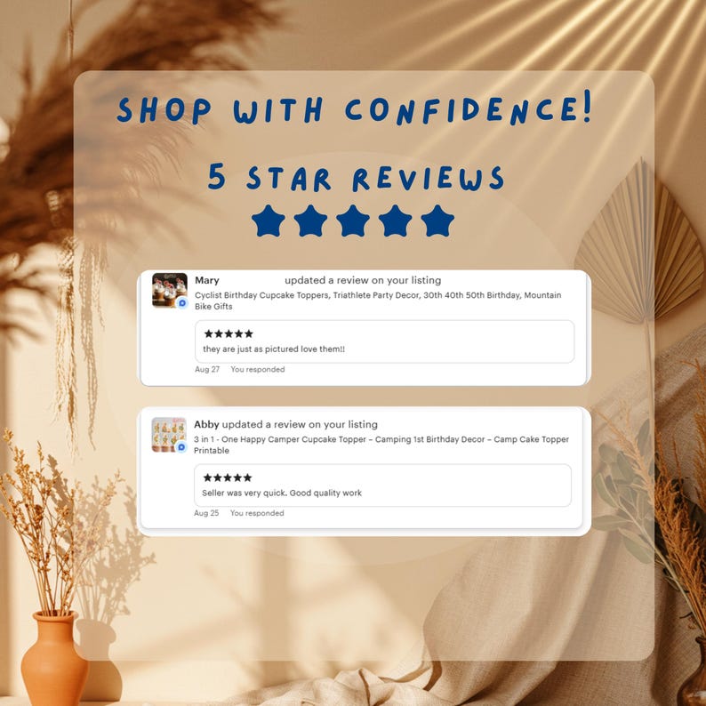 Puede incluir: Imagen que muestra rese&ntilde;as de clientes con una calificaci&oacute;n de 5 estrellas. El texto dice "&iexcl;COMPRA CON CONFIANZA!" e incluye dos rese&ntilde;as de clientes con comentarios positivos sobre la calidad y apariencia del producto. Las rese&ntilde;as son para adornos para cupcakes y decoraci&oacute;n de fiestas.