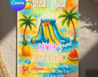 Watercolor Splish Splash Birthday Invitation: Waterslide Pool Party (Canva Template)