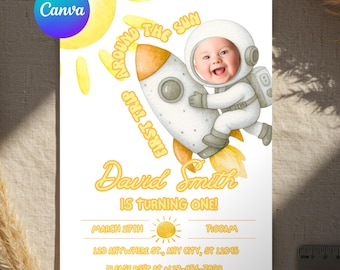 Inbjudan till första resan runt solen: Solskenets 1-årsdag (digital nedladdning av Canva-mall)
