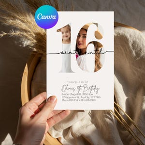 Personalized Sweet Sixteen Invitation Template: Minimalist Photo Invite (5x7, Digital Download, Editable Canva Template)