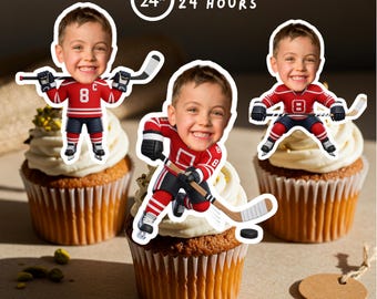 Adornos personalizados para cupcakes con caras de hockey: Decoración personalizada para fiestas de cumpleaños (Descarga digital, archivo A4)