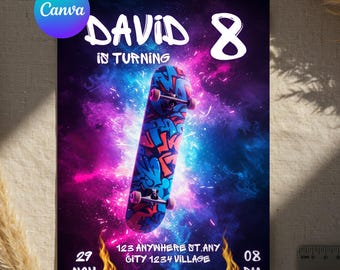 May include: A birthday invitation with a vibrant design. The invitation features the name "DAVID 8" in white, with a skateboard graphic. The background is a colorful nebula of blues, pinks, and purples. The date and time are also included.