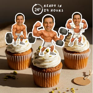 Gym Birthday Cupcake Toppers: Weightlifter Face, Body Builder Party (Digital File A4 Size)
