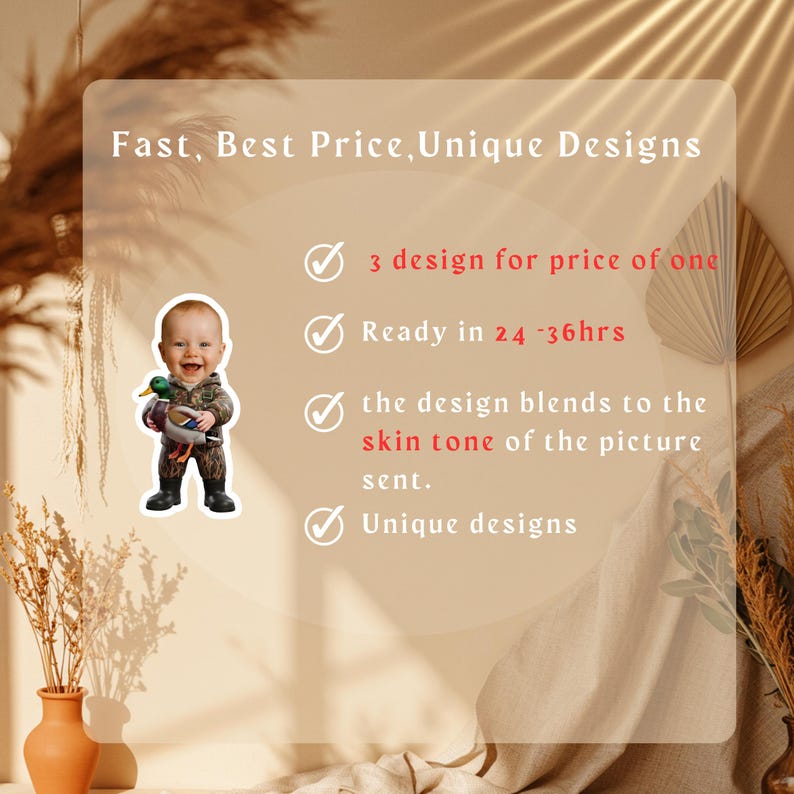 Puede incluir: Una pegatina de un beb&eacute; con ropa de camuflaje sosteniendo un pato. El fondo contiene texto que dice "Fast, Best Price, Unique Designs" y otros detalles del producto.
