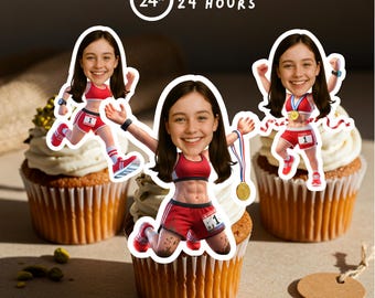 Personalized Marathon Runner Face Cupcake Toppers for Women's Sports Party