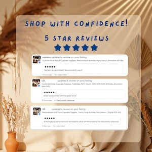 Puede incluir: Imagen que muestra "SHOP WITH CONFIDENCE!" y "5 STAR REVIEWS" sobre tres rese&ntilde;as de clientes. Cada rese&ntilde;a incluye una calificaci&oacute;n de 5 estrellas y comentarios positivos sobre el producto y el servicio.