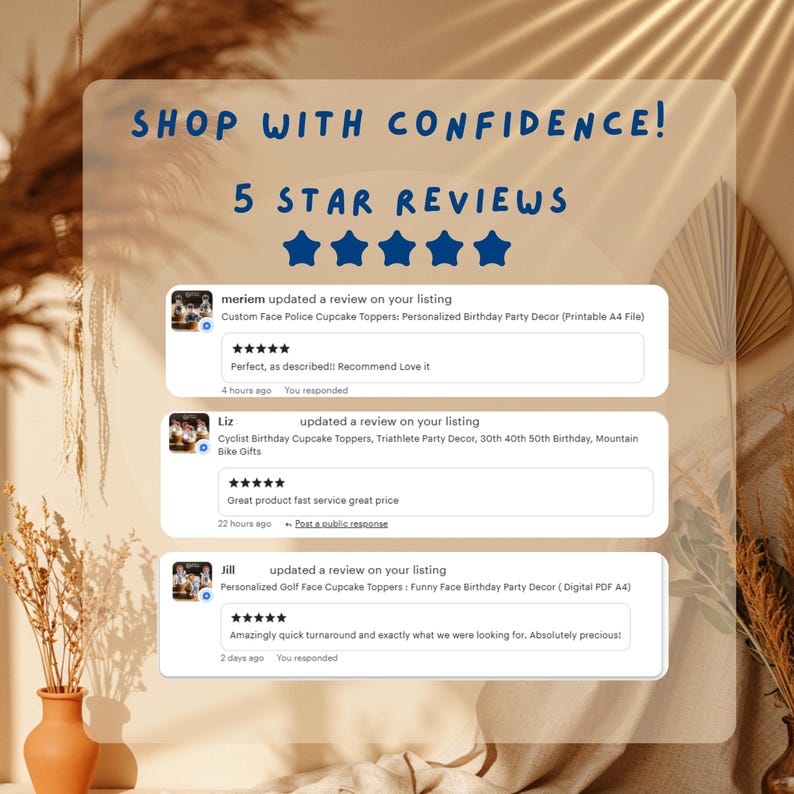 Puede incluir: Imagen que muestra "SHOP WITH CONFIDENCE!" y "5 STAR REVIEWS" sobre tres rese&ntilde;as de clientes. Cada rese&ntilde;a incluye una calificaci&oacute;n de 5 estrellas y comentarios positivos sobre el producto y el servicio.