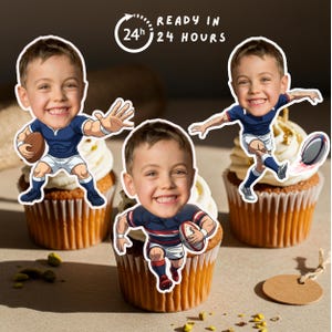 "Rugby Fußball Cupcake Toppers ""Gesichter"", Sport-Geburtstagsdeko (Digitale A4-Datei)"