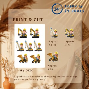 May include: A sheet of stickers featuring construction vehicles, including excavators, cranes, and a front-end loader. The stickers are yellow and black, with a cartoon image of a person in a yellow hard hat. The sheet is A4 size, with sticker sizes ranging from approximately 2.3" x 3" to 3" x 3".