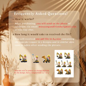 May include: A sheet with the text "Frequently Asked Questions!" and images of construction vehicles. The text explains how to order custom cupcake toppers, including sending a photo via email. The cupcake toppers range from 2.5" to 4" in size.