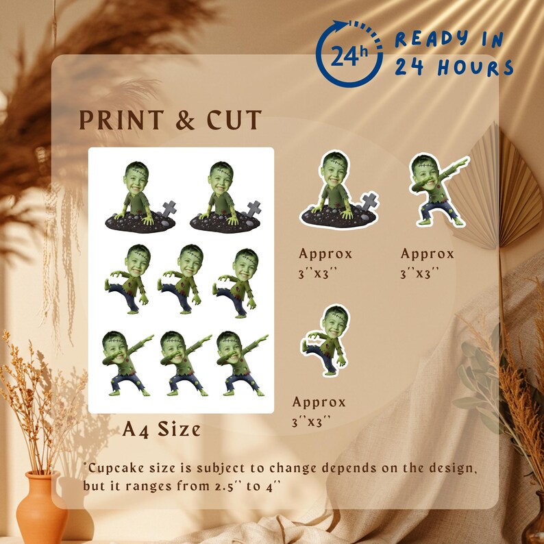 May include: A sheet of printed and cut stickers featuring a cartoon zombie design. The stickers are in various poses and sizes, with an approximate size of 3" x 3". The sheet is A4 size and includes the text "Print & Cut" and "Ready in 24 Hours".