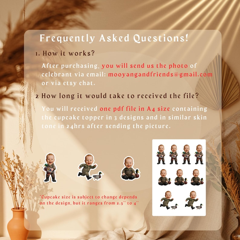 Puede incluir: La imagen muestra adornos para cupcakes con un beb&eacute; y un pato en diferentes poses. El texto incluye "&iexcl;Preguntas frecuentes!" e informaci&oacute;n sobre el producto, incluida la direcci&oacute;n de correo electr&oacute;nico mooyangandfriends@gmail.com. El tama&ntilde;o de la magdalena var&iacute;a de 6,35 cm a 10,16 cm.