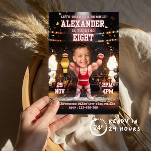 May include: A personalized birthday party invitation featuring a cartoon illustration of a child wrestler holding a championship belt. The invitation includes the text "ALEXANDER is turning EIGHT" and event details.