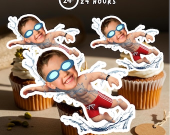 Personalized Swimming Face Cupcake Toppers : Custom Party Decor ( Digital A4 PDF)