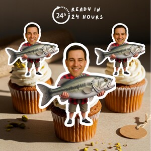Big Catch Gone Fishing Face Cupcake Toppers för födelsedag (digital A4 PDF)