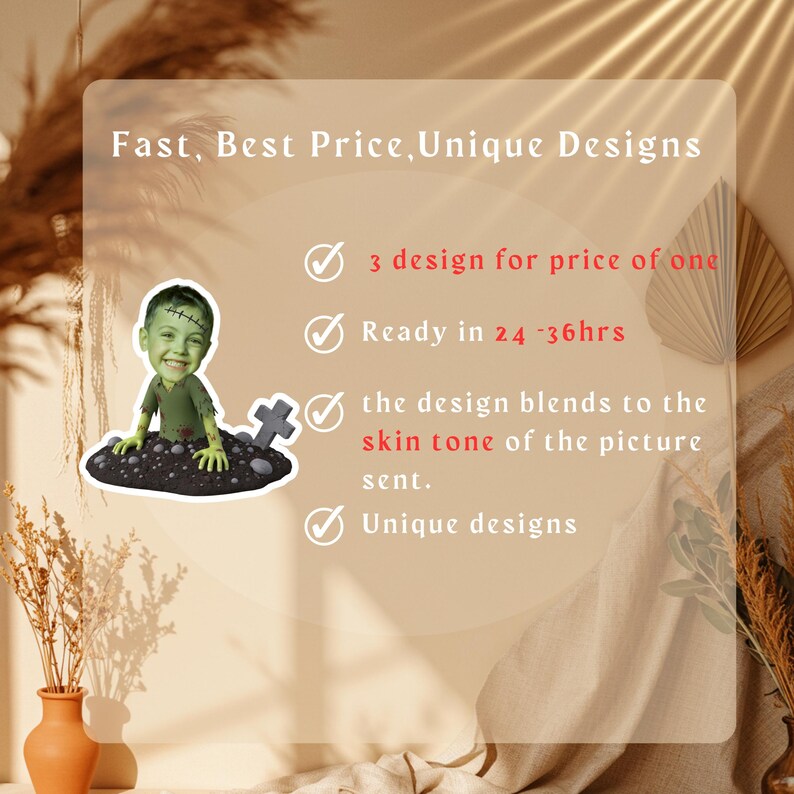 May include: A digitally created image of a child dressed as a zombie, emerging from a grave. The image is set against a neutral background with text that reads "Fast, Best Price, Unique Designs". Additional text highlights design features.