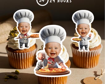 Personalized Baby Pizza Chef  Face Cupcake Toppers for Birthday Party  ( Digital Download A4 PDF)