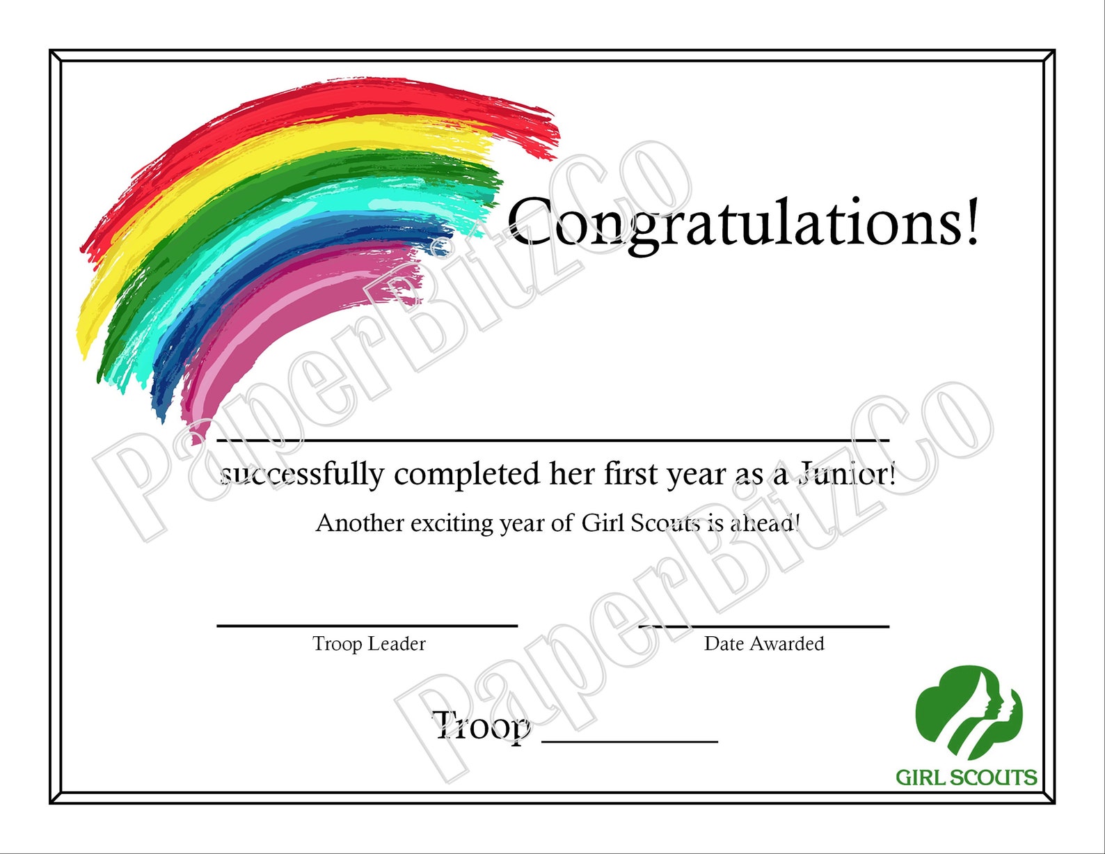 Junior First Year Completion Certificate Junior Girl Scout - Etsy