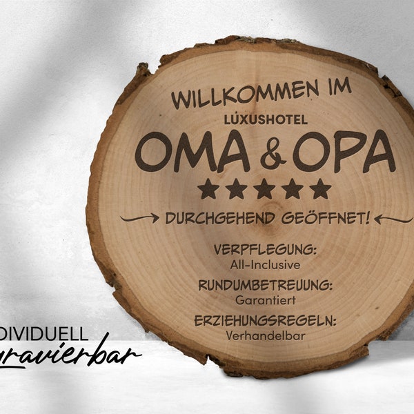 Baumscheibe mit Lasergravur - Motiv Hotel Oma und Opa - Holzgravur aus heimischen Wäldern - tree slices engraved