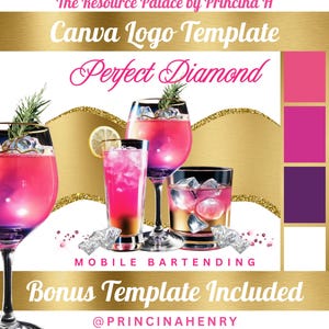 Szablon projektu logo Canva Bartender z wizytówką | Mobile, Mixed Drinks, Pink and Gold | Łatwa edycja | 52725 przez The Resource Palace
