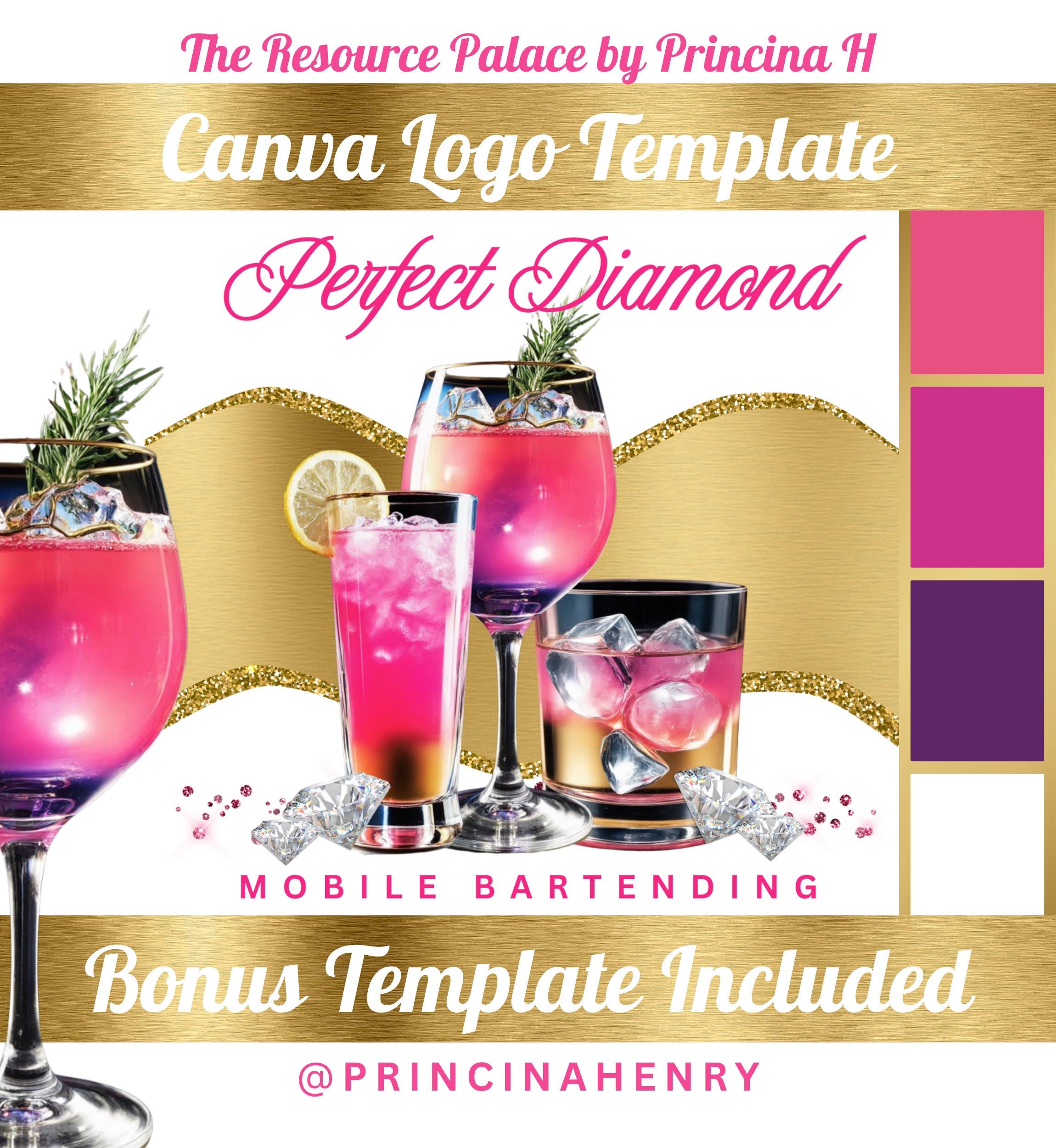 Canva Bartender Logo Design Template with Business Card | Mobile, Mixed Drinks, Pink and Gold | Easy Edit | 52725 via The Resource Palace