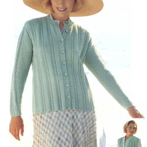 May include: A light green long-sleeved cardigan with a vertical ribbed texture and a button-down front. The text 4 ply and 86-112cm (34-44ins) is visible. A second smaller image shows a short-sleeved version of the same light green cardigan.