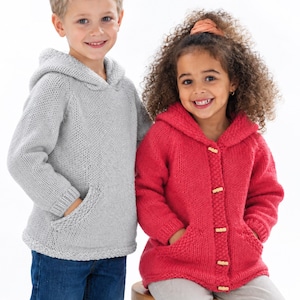 May include: A light grey knit hooded pullover with a front kangaroo pocket and a bright red knit hooded cardigan featuring a button-up front with wooden toggles and two front pockets, both garments designed with long sleeves and ribbed cuffs.