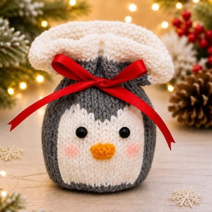 Knitting Pattern PDF DK Double Knit Christmas Penguin Chocolate Orange Cover Gift Bag