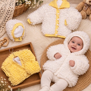 May include: A set of baby clothing featuring a white textured loop-knit jacket with a yellow collar and trim, a matching white bonnet, a yellow textured loop-knit vest, and a white hooded jacket worn with white knit leggings and footed trousers.