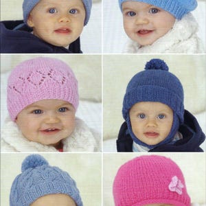 May include: A collage of six baby hats in various styles and colors. The hats include blue striped, light blue with a scalloped edge, pink with a diamond pattern, dark blue with ear flaps, light blue with a pom-pom, and pink with a flower.