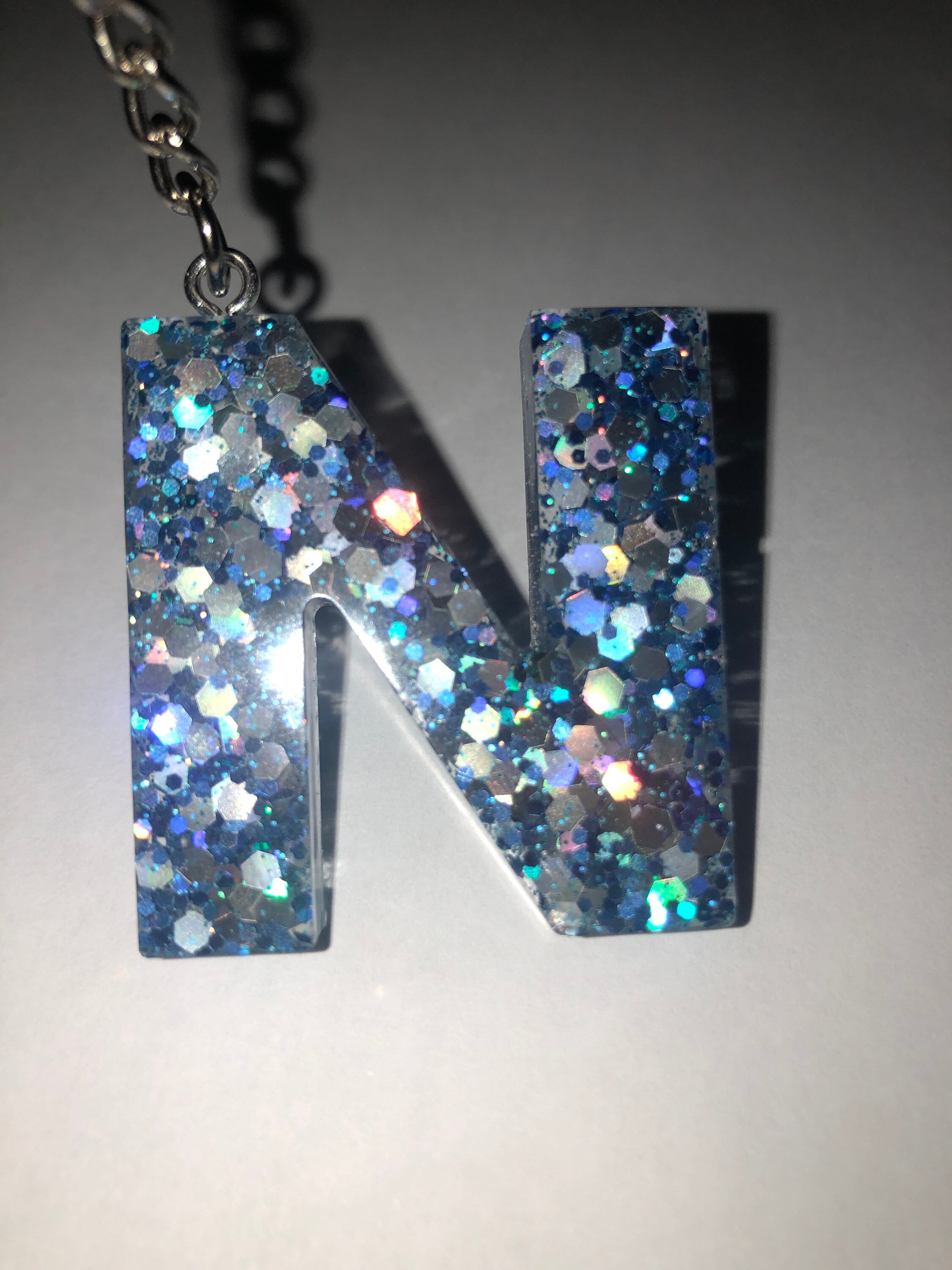 Handmade resin letter N keyring keychain blue and silver Etsy
