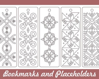 May include: Five black and white printable bookmark designs with geometric patterns. The designs include a repeating pattern of a fleur-de-lis, a circle with a swirl, a star, a snowflake, and a diamond.