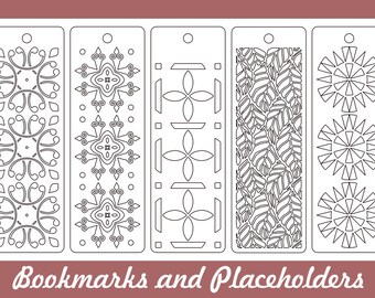 May include: Five black and white printable bookmark designs with intricate patterns. The designs include a repeating circle pattern, a geometric pattern, a repeating leaf pattern, and two different snowflake patterns.