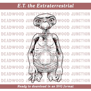 May include: Black and white line art illustration of E.T. the Extraterrestrial from the movie E.T. the Extra-Terrestrial. E.T. is sitting with his arms crossed and looking at the viewer.