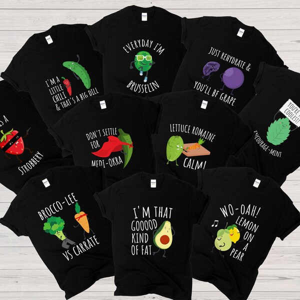Groepsshirts met fruit- en groentethema - 12+ ontwerpen beschikbaar! - Bijpassende barbecue of kookfeest TShirts - Perfect voor een thema Bday Party