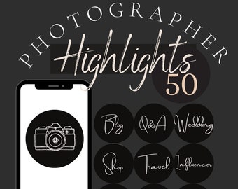 50 Photography Instagam highlights. Black and White calligraphy icons for Photographer instagram story icons in Black and White design..